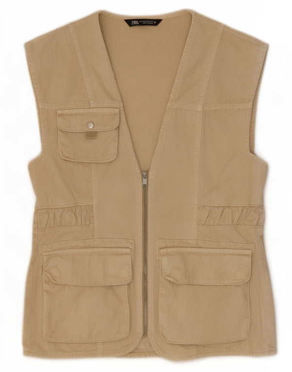 Zara Womens Utility Gilet UK 10 Small Beige Cotton