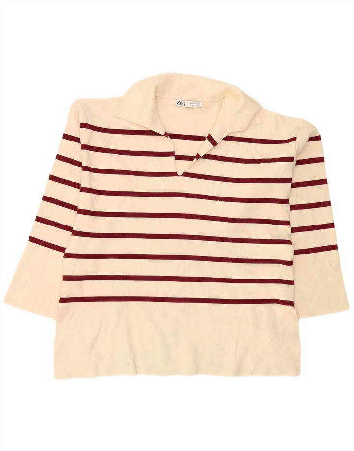 Zara langærmet oversized poloshirt til kvinder DK 14 Medium Off White stribet
