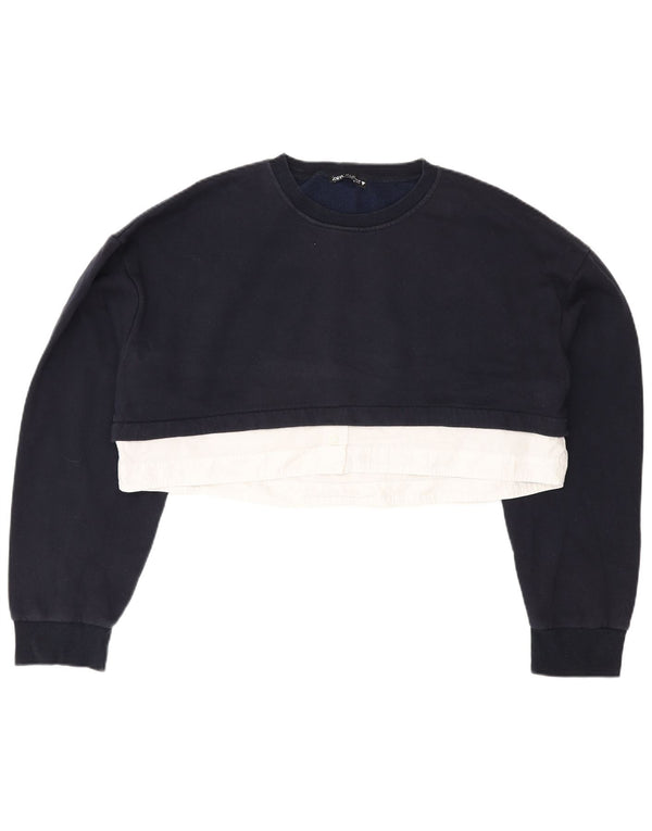 Zara Womens Crop Sweatshirt Jumper UK 10 Small Navy Blue Colourblock