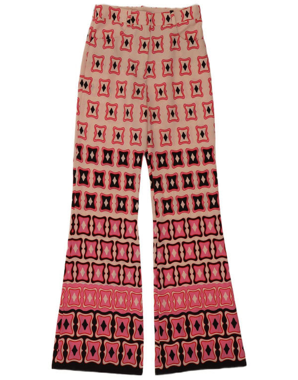 Zara Dame Højtaljede Flare Casual Bukser XS W24 L33 Pink Geometric