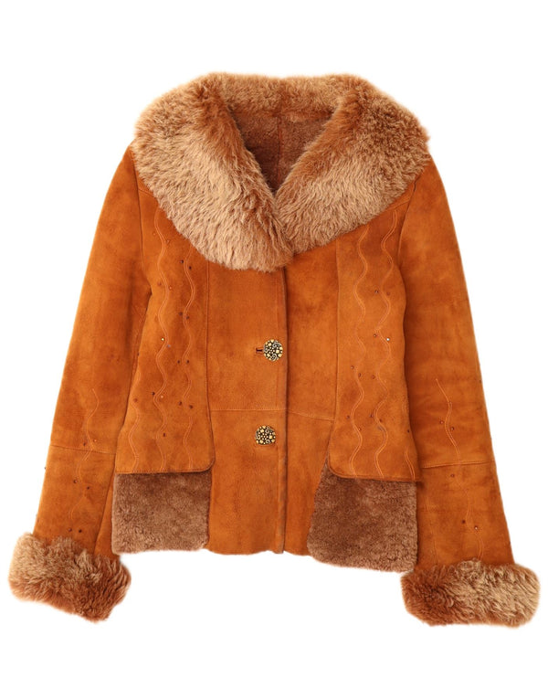 Vintage dame shearling jakke UK 12 medium brunt læder