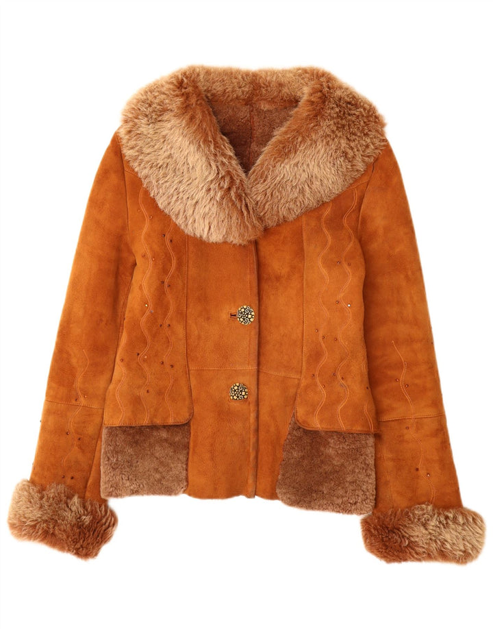Vintage dame shearling jakke UK 12 medium brunt læder