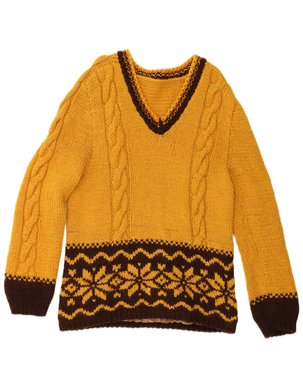Vintage Dame V-hals sweater UK 14 Medium Yellow Fair Isle