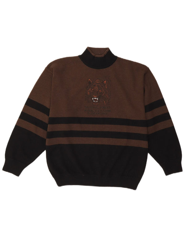 VINTAGE Mens Graphic Turtle Neck Jumper Sweater Small Brown Colourblock