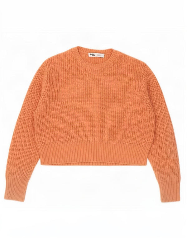 Zara Womens Crop Oversized Crew Neck Jumper Sweater UK 6 XS Orange Akryl