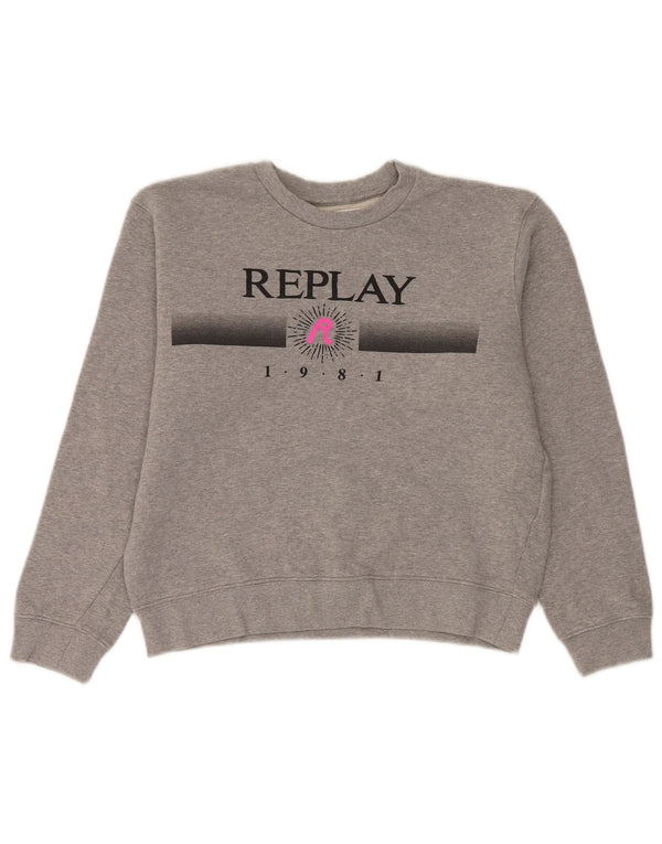 Replay Dame Grafisk Oversized Sweatshirt Jumper UK 10 Lille Grå Bomuld