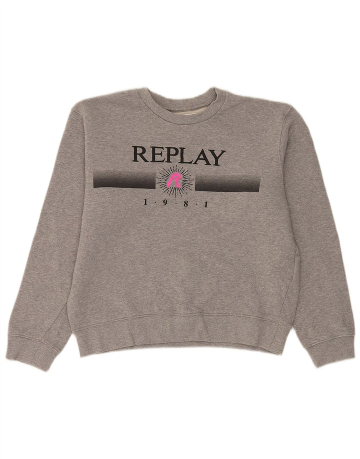 Replay Dame Grafisk Oversized Sweatshirt Jumper UK 10 Lille Grå Bomuld
