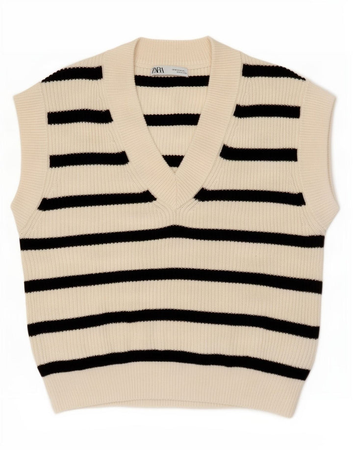 Zara Dame Vest Tank Top UK 14 Medium Off White Stribet polyester