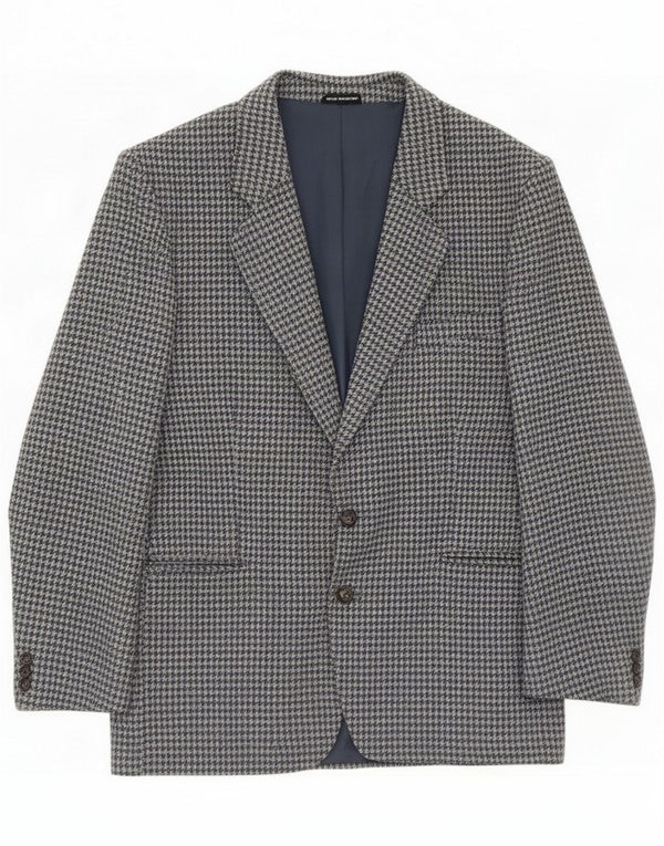 Eksklusiv blazerjakke til mænd med 2 knapper UK 40 Large Grey Houndstooth New Wool