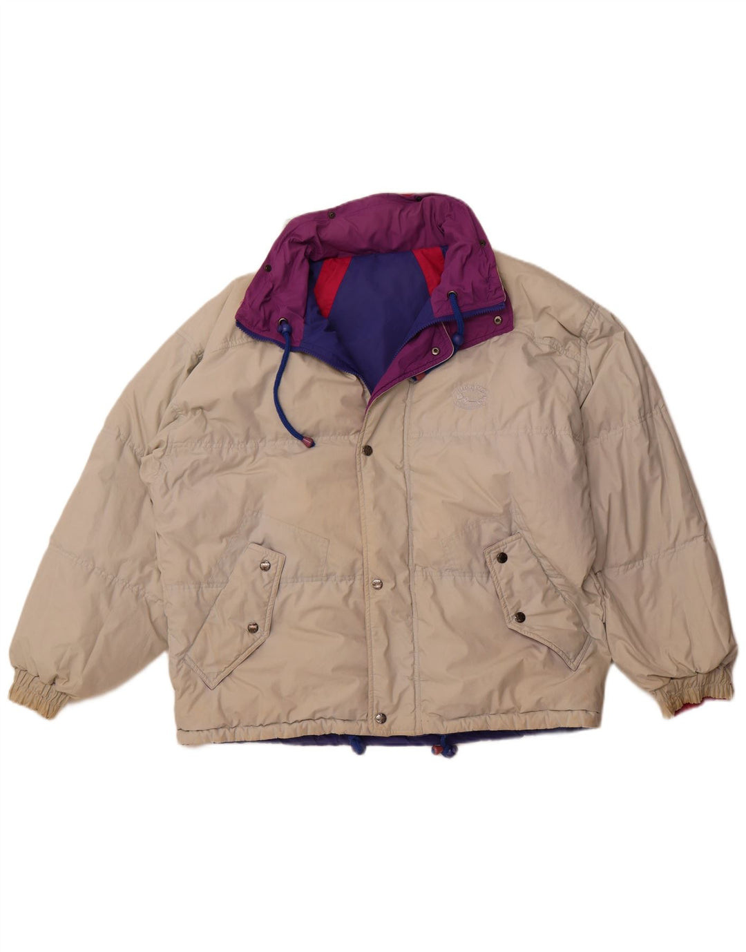 VINTAGE Vendbar jakke med hætte til kvinder, stor beige colourblock polyester