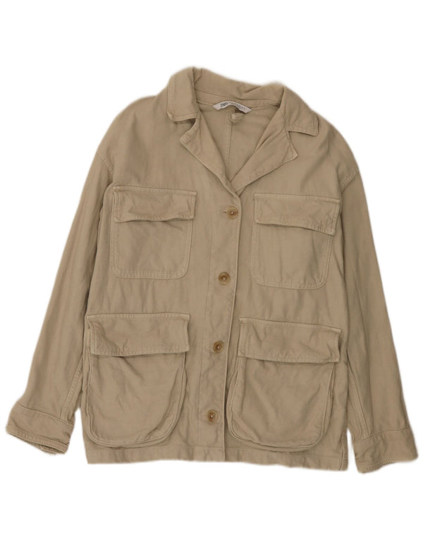 Zara Kvinder Oversized Utility Jacket UK 10 Small Khaki Cotton