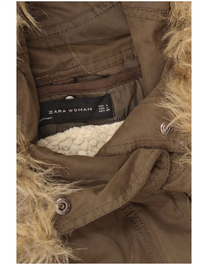 Zara Dame Hætte Vindjakke UK 16 Large Khaki