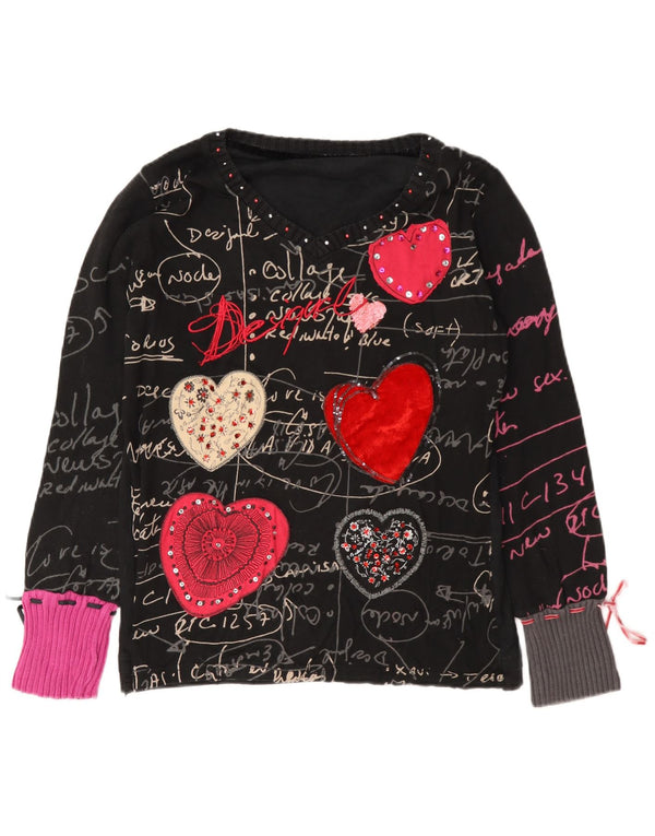 Desigual Womens Grafisk Top Langærmet UK 18 XL Sort Bomuldshjerte