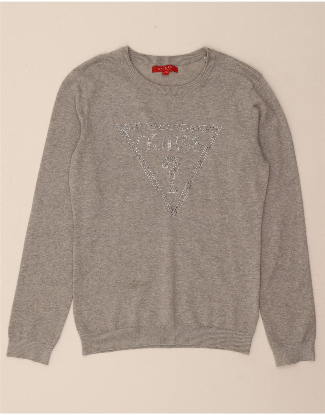 GUESS Womens Graphic Boat Neck Jumper Sweater UK 14 Large Grey Polyamide Vintage Guess and Second-Hand Guess from Messina Hembry 
