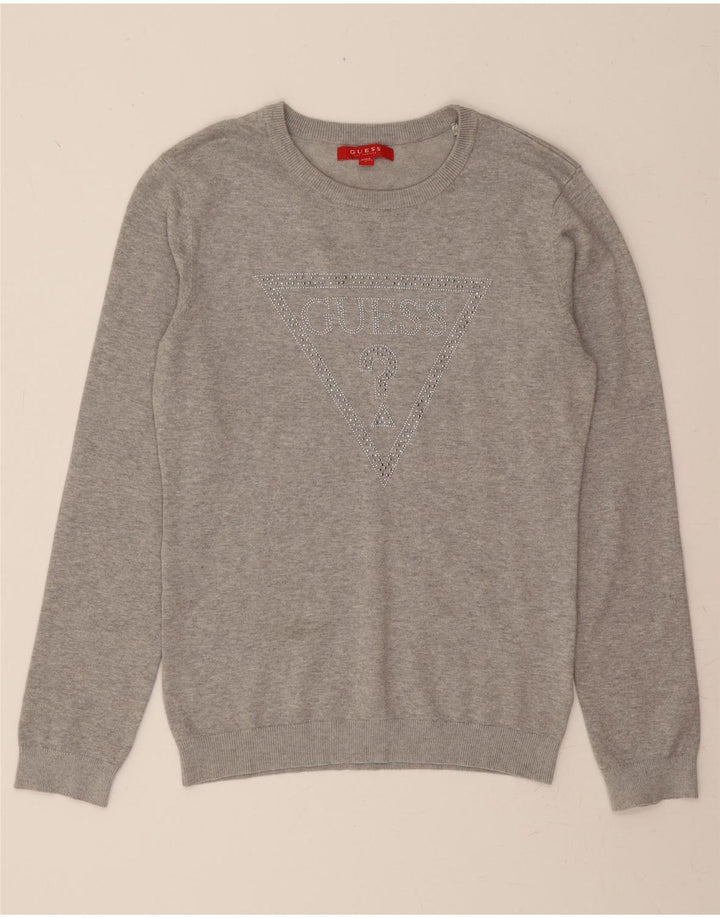 GUESS Womens Graphic Boat Neck Jumper Sweater UK 14 Large Grey Polyamide Vintage Guess and Second-Hand Guess from Messina Hembry 