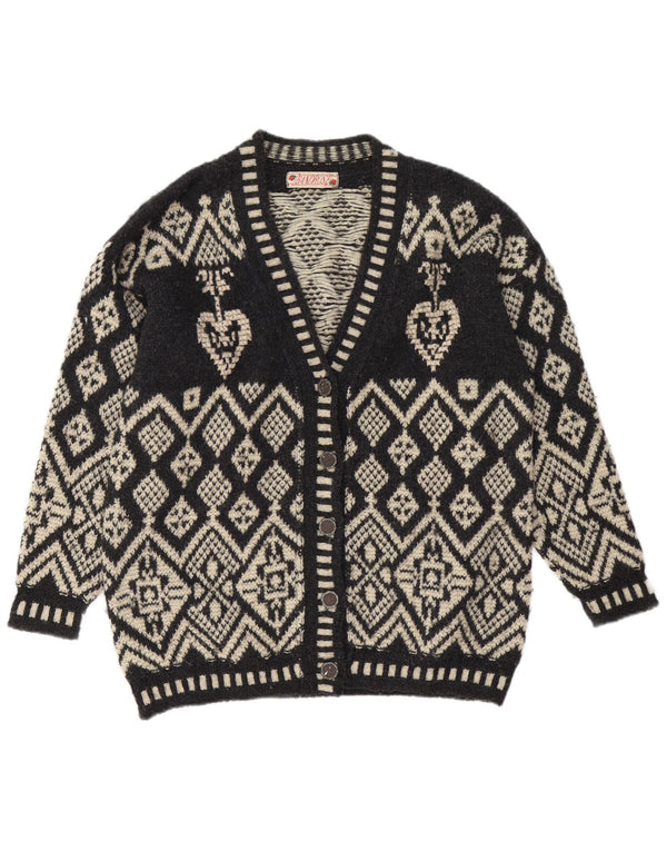 Vintage dame cardigan sweater UK 16 Large Black Fair Isle