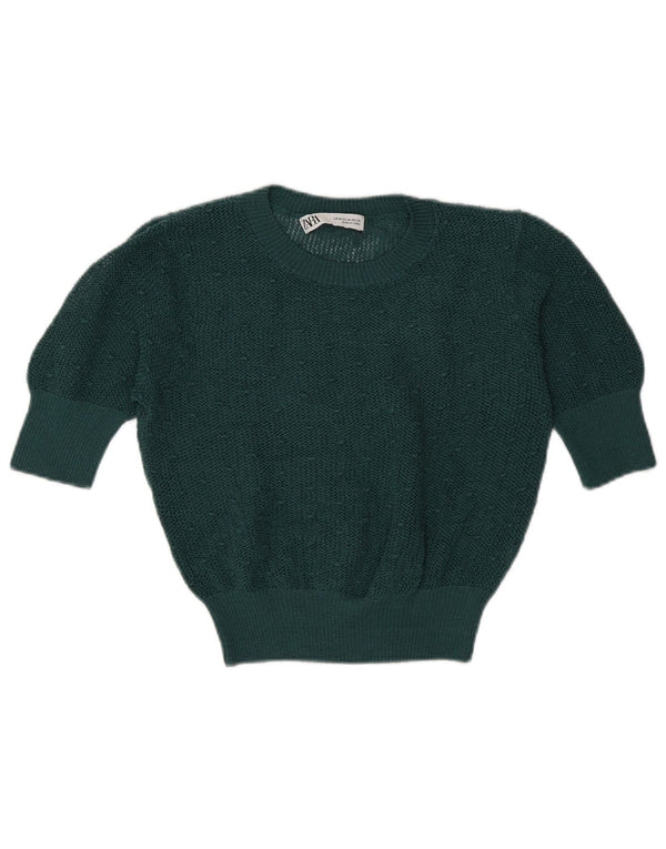 Zara Womens Crop Kortærmet Jumper Sweater med rund hals UK 12 Medium Green