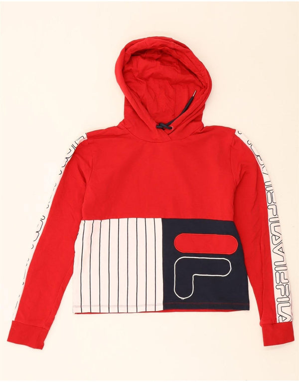 Fila Womens Crop Graphic Hoodie Jumper UK 12 Medium Red Colourblock Bomuld
