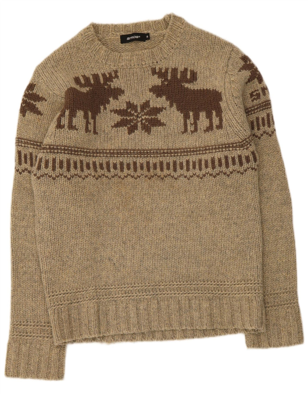 Smog Herre Grafisk Crew Neck Jumper Sweater Medium Beige Fair Isle Lambswool