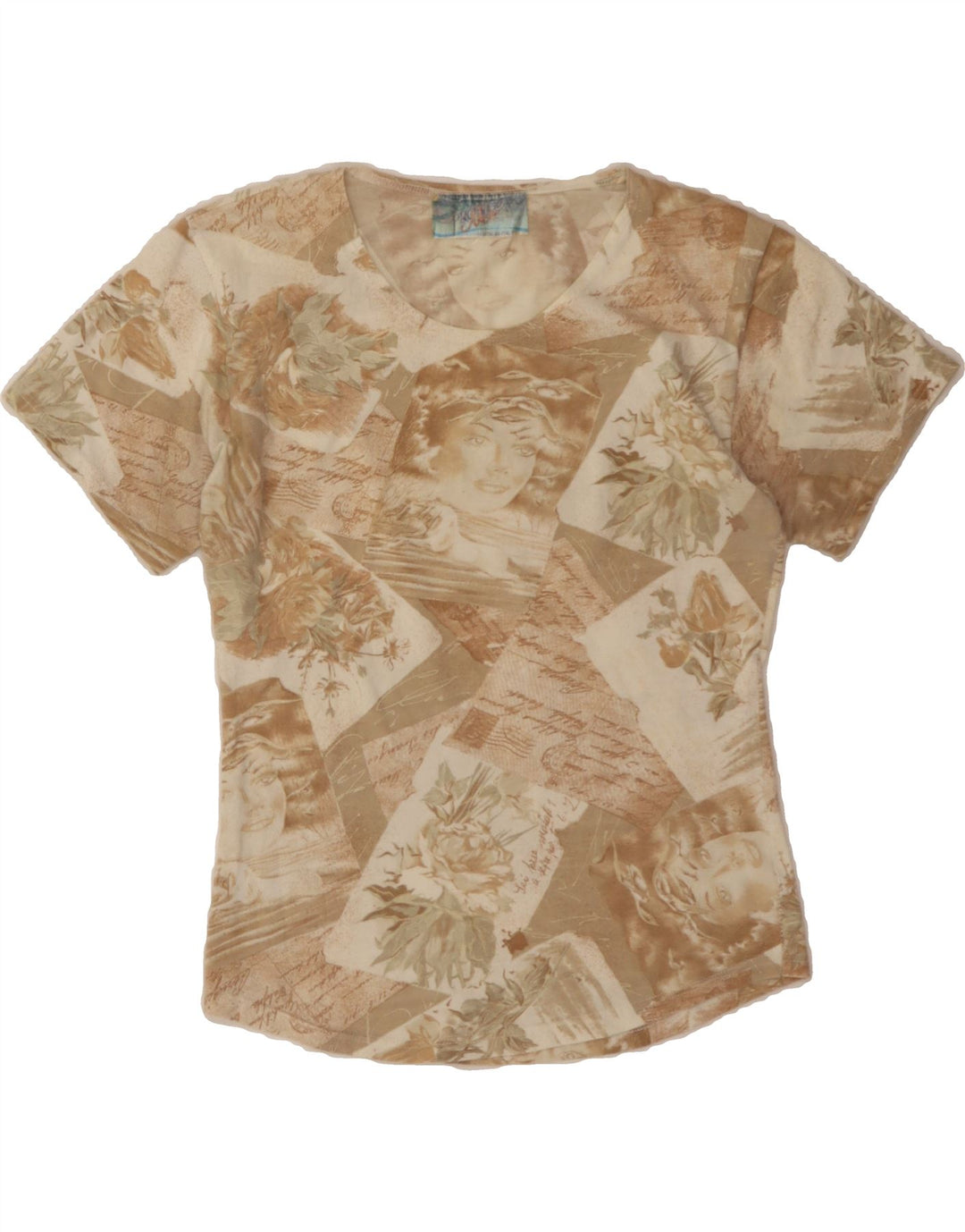 VINTAGE Womens Graphic T-Shirt Top UK 12 Medium Beige Vintage Vintage and Second-Hand Vintage from Messina Hembry 