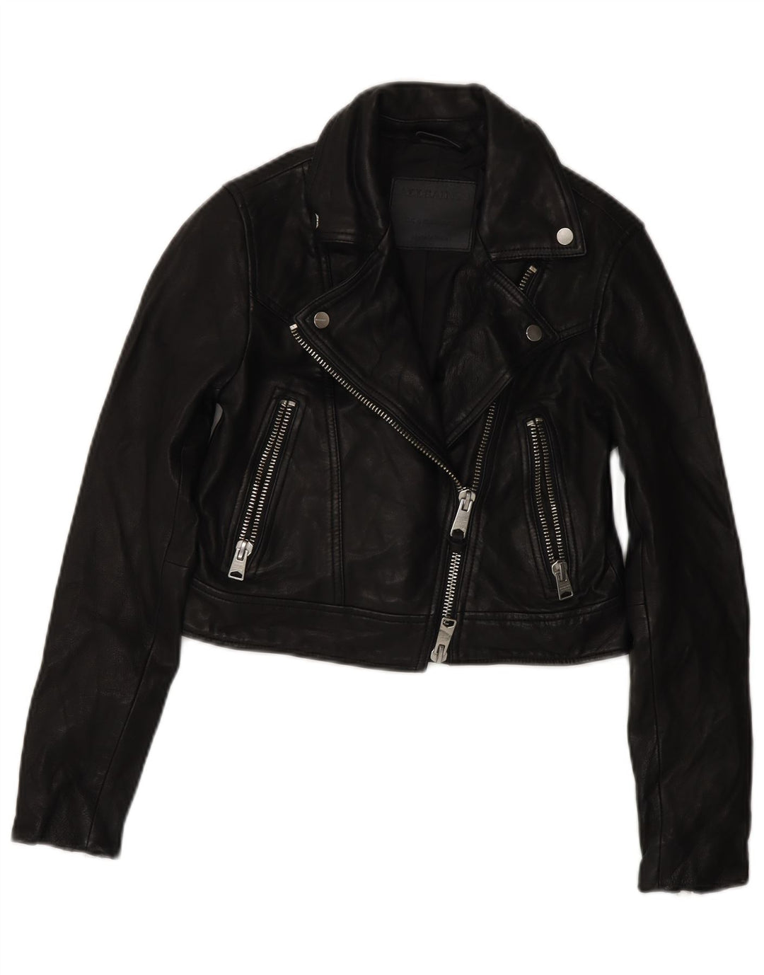 All Saints Dame Crop Læder Biker Jacket UK 4 XS Sort Læder