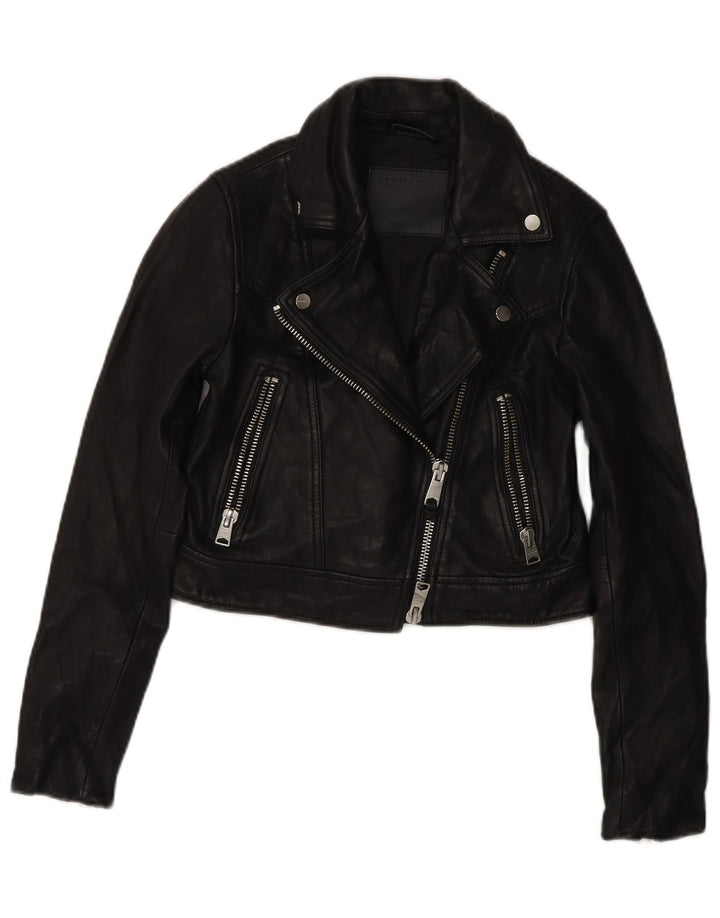 All Saints Dame Crop Læder Biker Jacket UK 4 XS Sort Læder