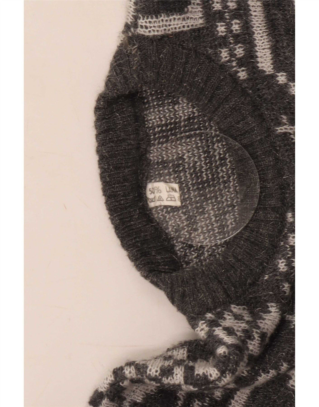 Vintage herre sweater med rund hals, mellemgrå geometrisk uld
