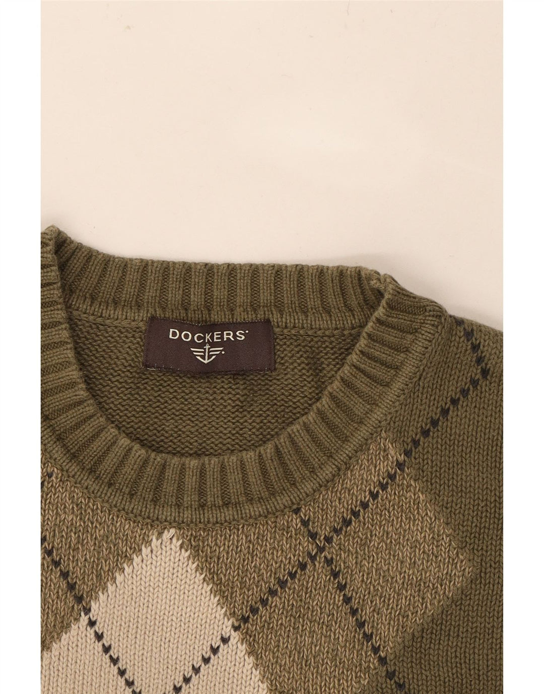 DOCKERS Mens Crew Neck Jumper Sweater Large Khaki Argyle/Diamond Vintage Dockers and Second-Hand Dockers from Messina Hembry 