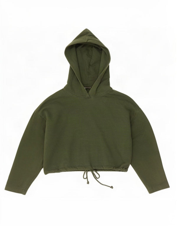 Zara Dame Crop Hoodie Jumper UK 16 Stor Khaki Bomuld