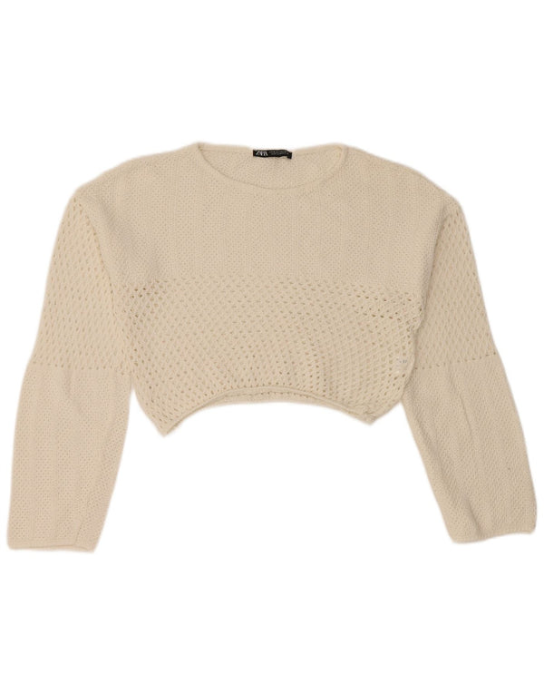 Zara Womens Crop Boat Neck Jumper Sweater UK 12 Medium White Bomuld