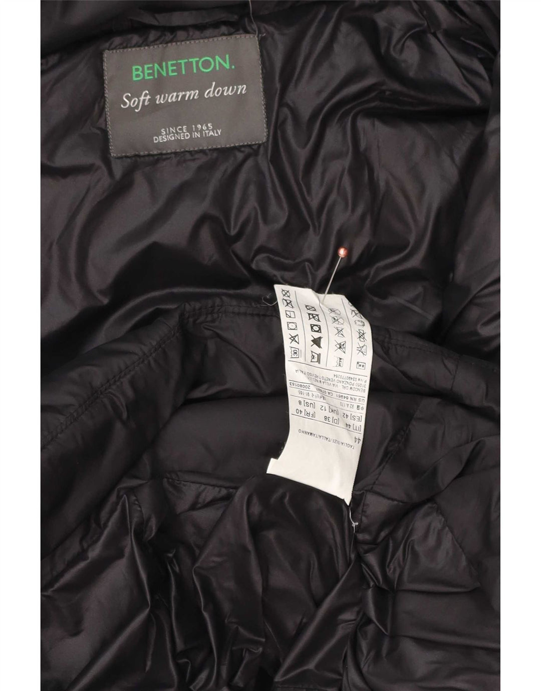 Benetton Dame Hætte Polstret Frakke IT 44 Medium Sort Polyester