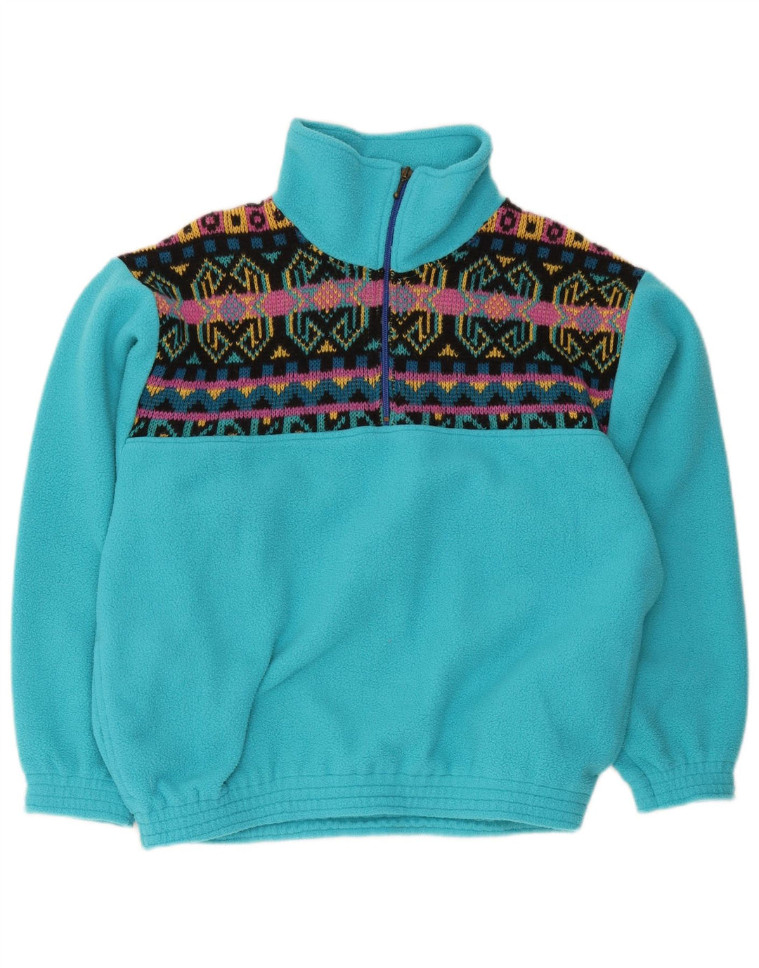 Vintage herre lynlås hals fleece trøje mellemblå geometrisk