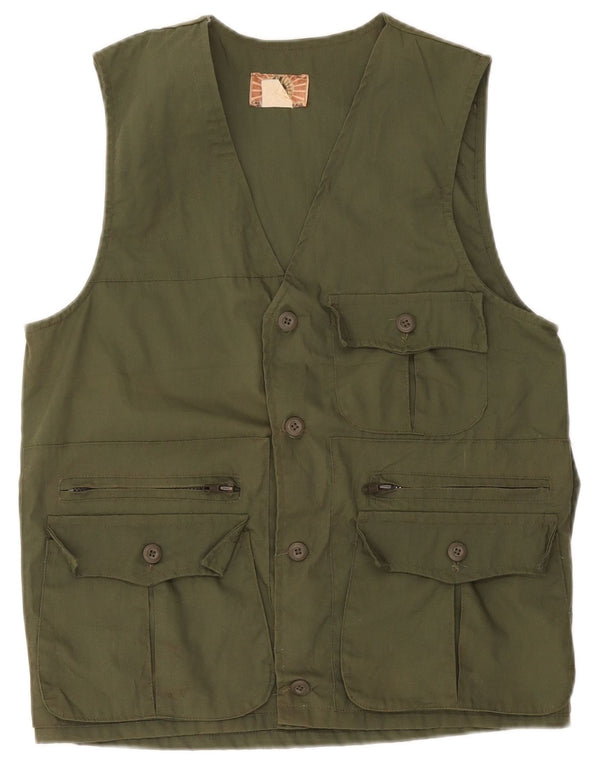 Vintage Herre Utility Gilet IT 46 Small Khaki Cotton