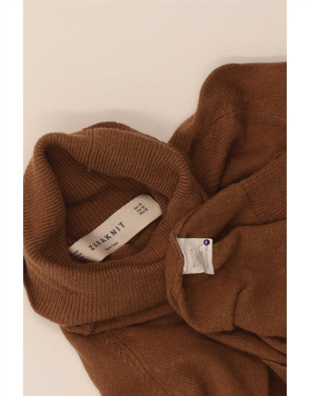 Zara Dame Rullehals Sweater UK 12 Medium Brun Bomuld