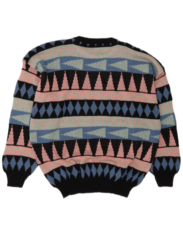 Vintage herre rund hals sweater stor flerfarvet geometrisk akryl