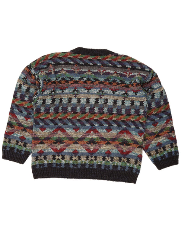 Vintage Herre V-hals sweater Medium Flerfarvet geometrisk uld