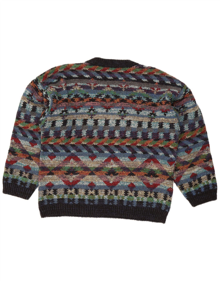Vintage Herre V-hals sweater Medium Flerfarvet geometrisk uld