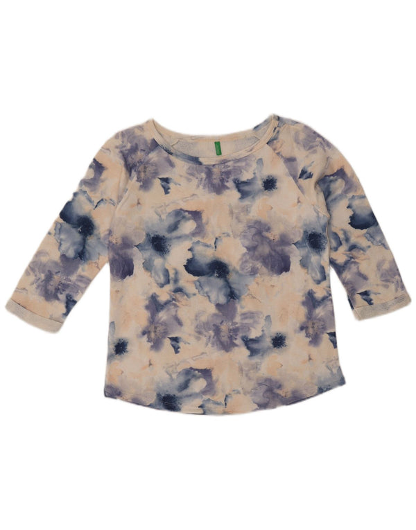 BENETTON Dame Top 3/4 ærmer UK 14 Medium Blue Floral Bomuld