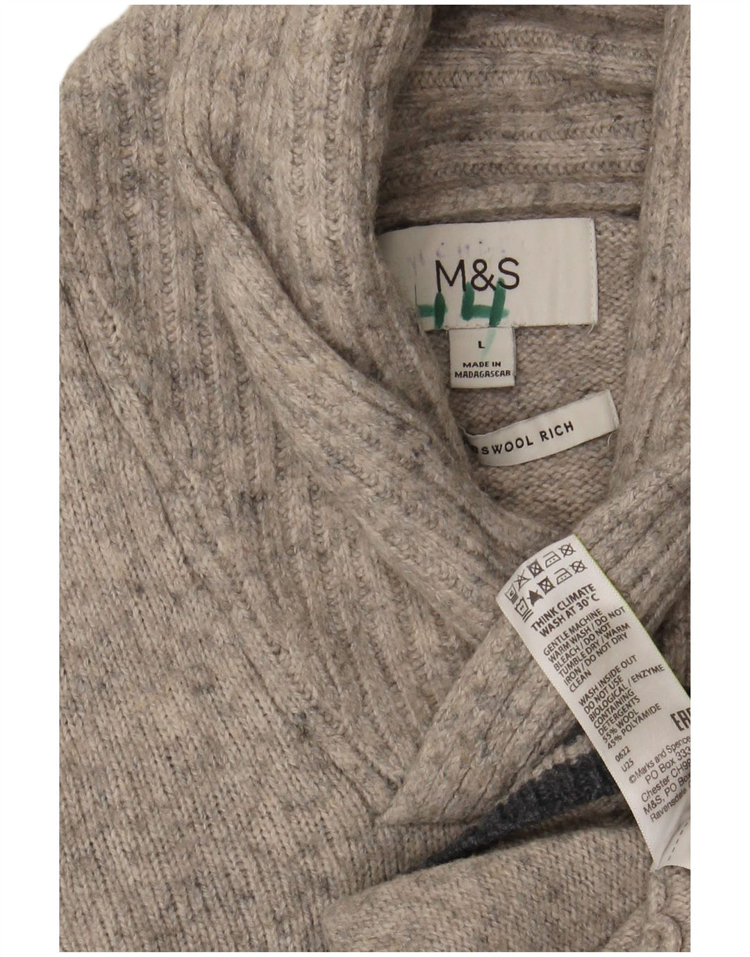 Marks & Spencer Herre Shawl Neck Jumper Sweater Large Grey Flecked Wool