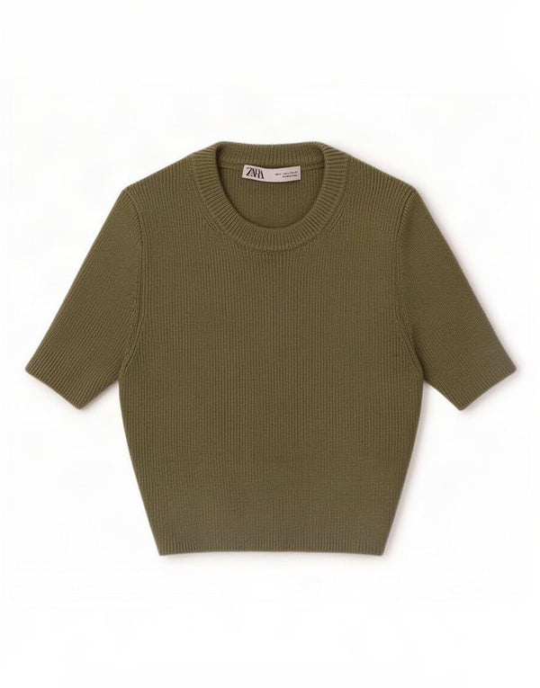 Zara Womens Crop Kortærmet Jumper Sweater med rund hals UK 8 Small Khaki