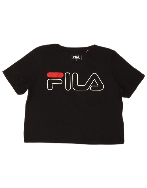 Fila Womens Crop Grafisk T-Shirt Top UK 10 Small Black Bomuld