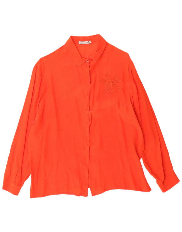 Vintage Dame Oversized Skjorte Bluse IT 50 XL Orange Floral Silke
