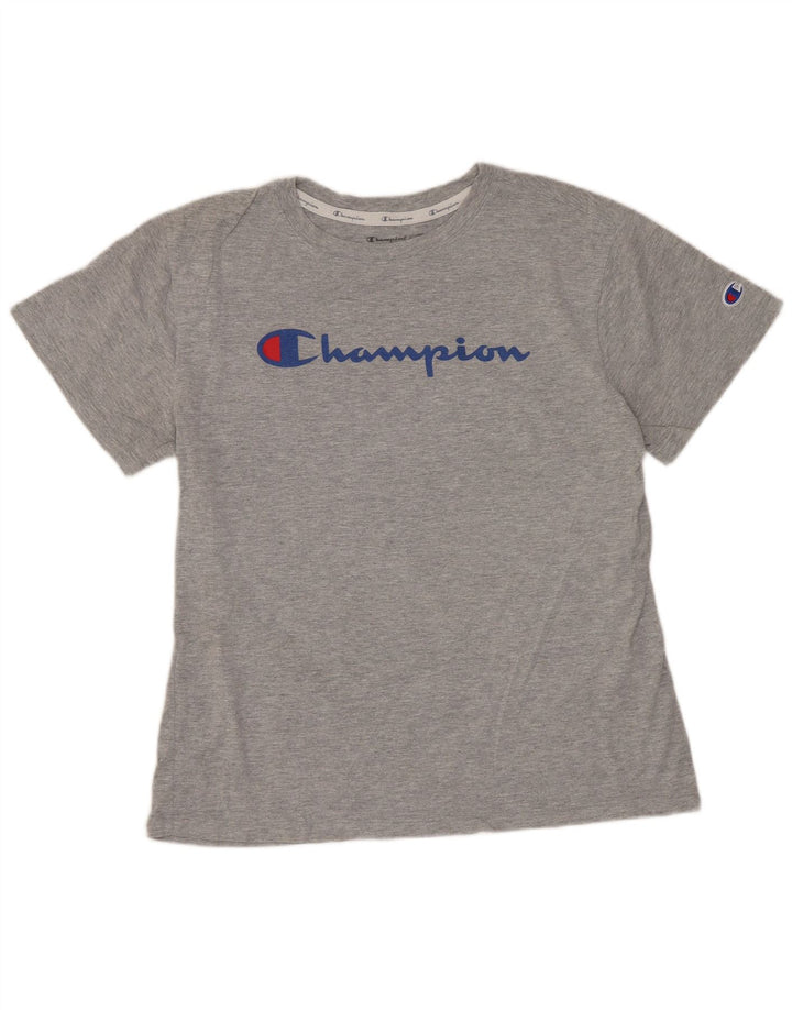 CHAMPION Dame Grafisk T-Shirt Top UK 12 Medium Grå Bomuld