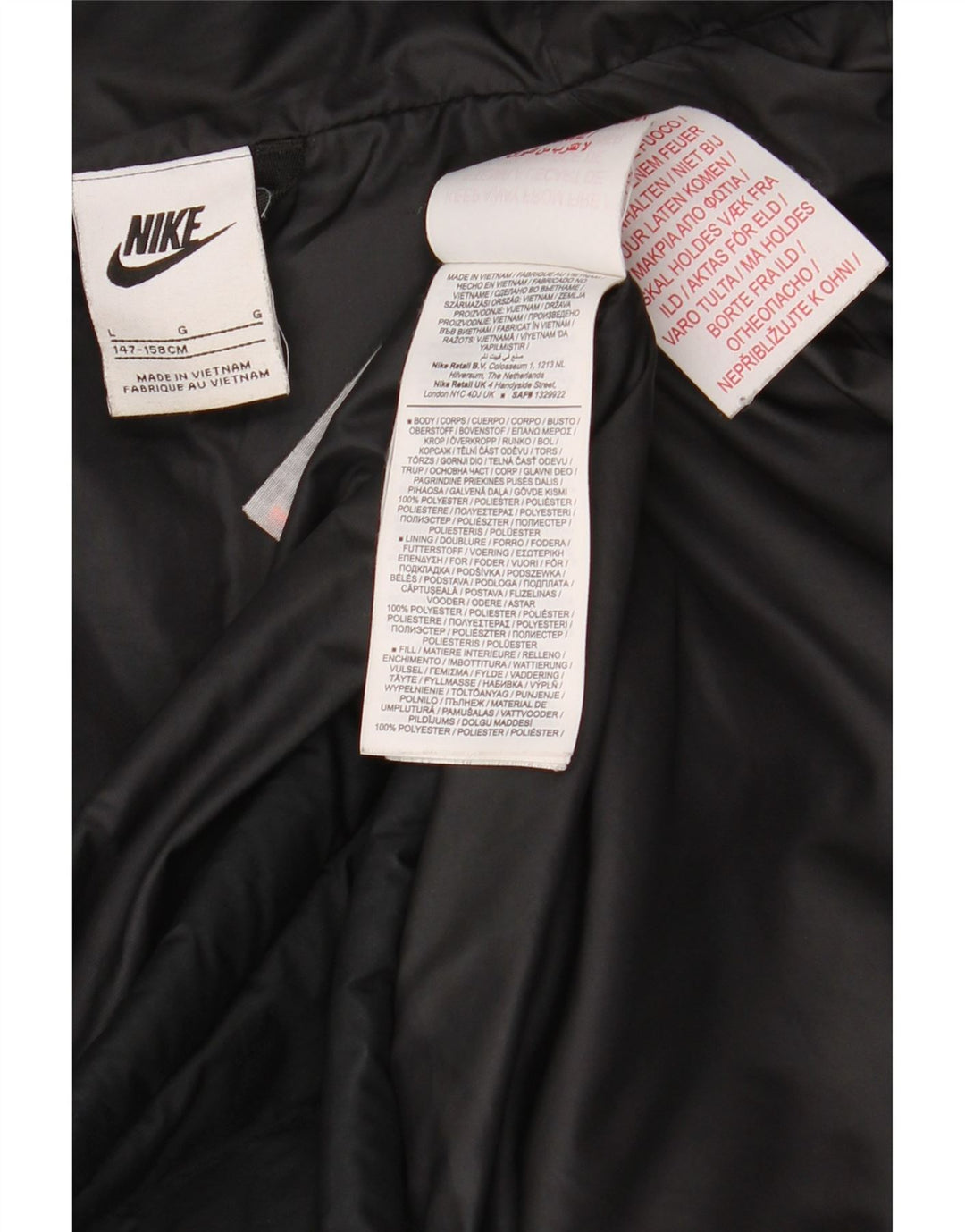 Nike drenge hættepolstret jakke 12-13 år stor sort polyester