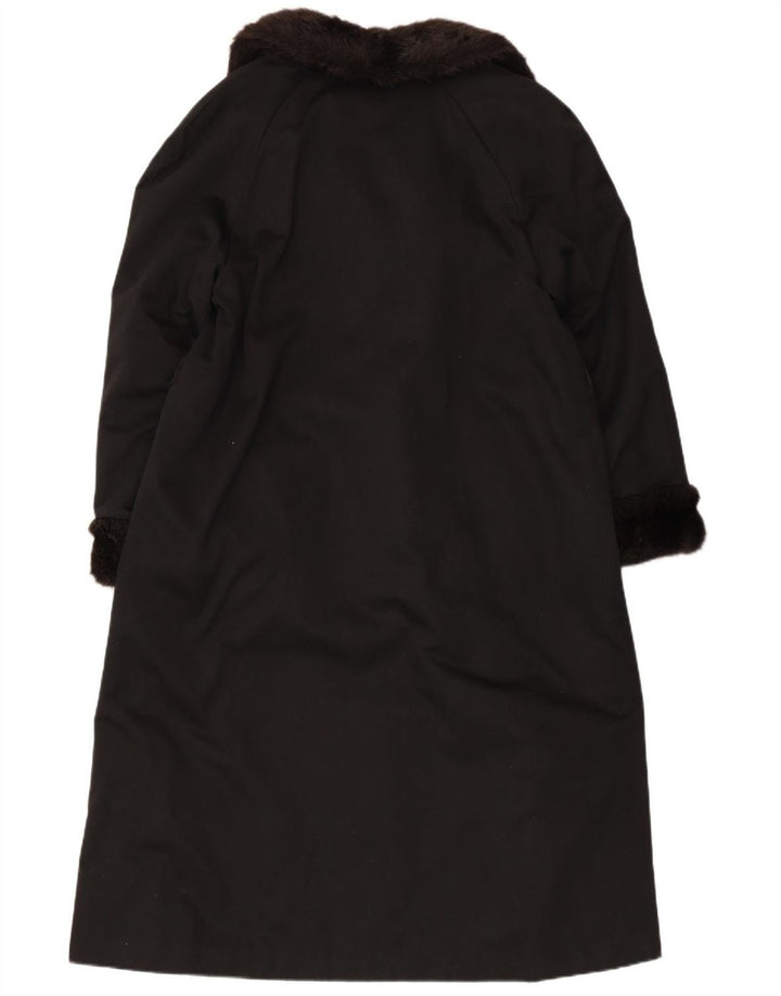 VINTAGE Dame imiteret Pels Overfrakke UK 12 Medium Sort Akryl