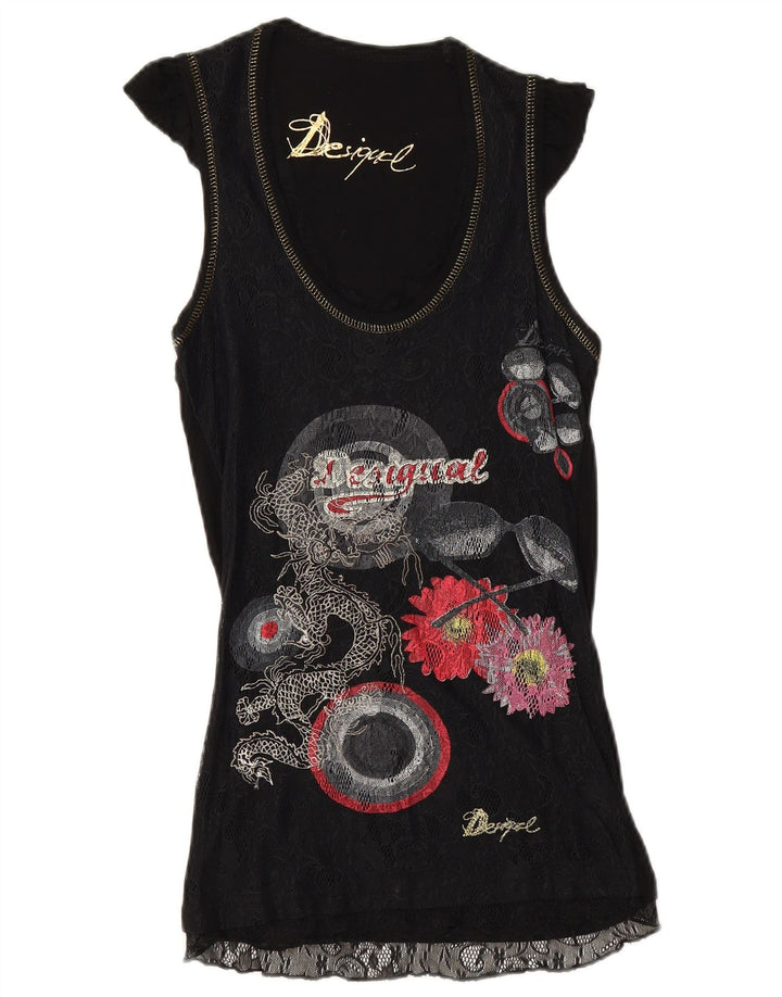 Desigual Dame Grafisk Bluse Top UK 6 XS Black Floral