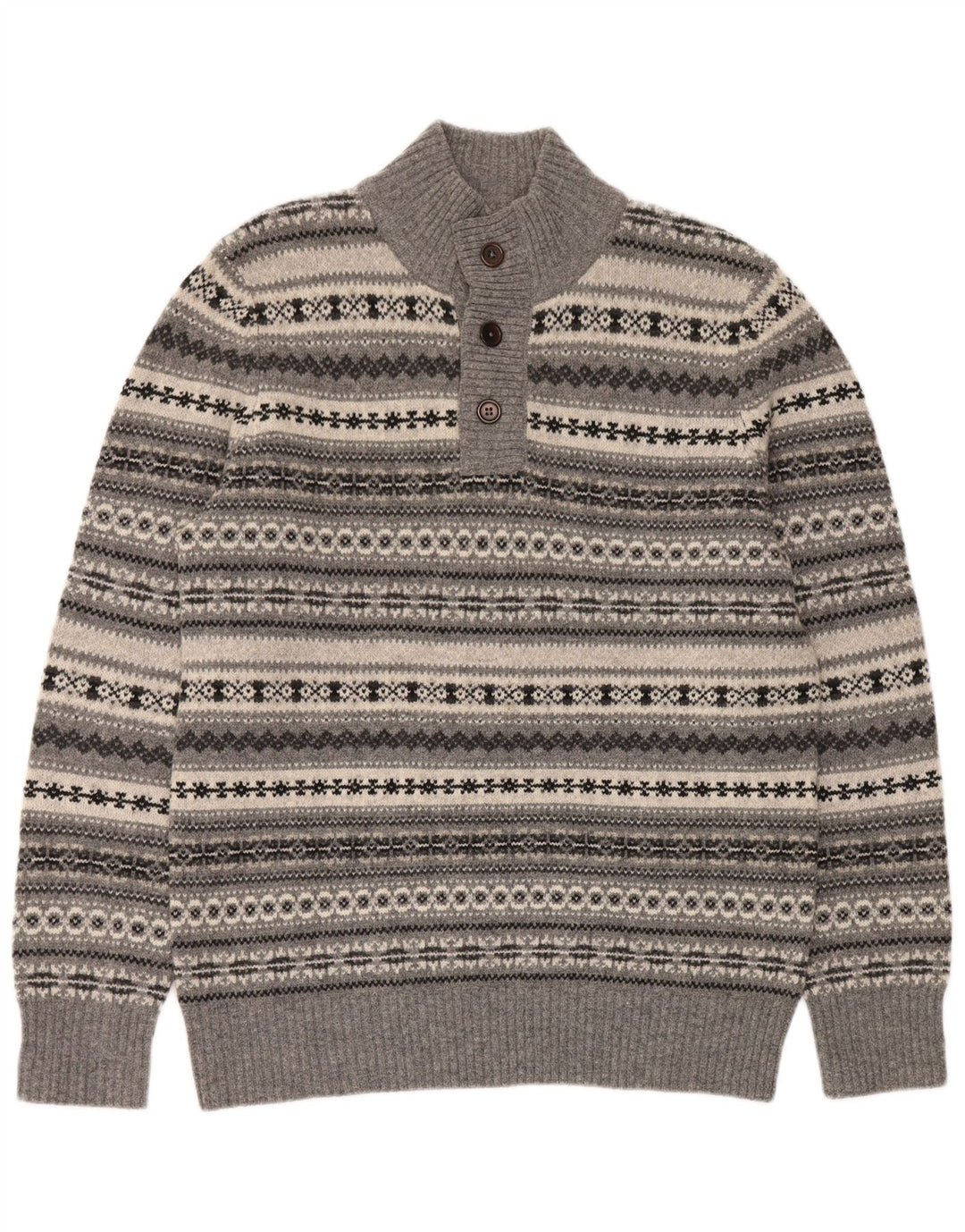Besætningstøj Herre Button Neck Jumper Sweater Large Grey Fair Isle