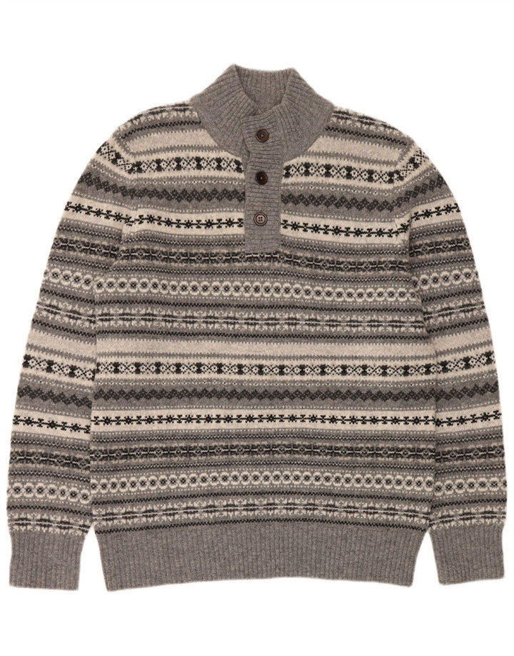 Besætningstøj Herre Button Neck Jumper Sweater Large Grey Fair Isle