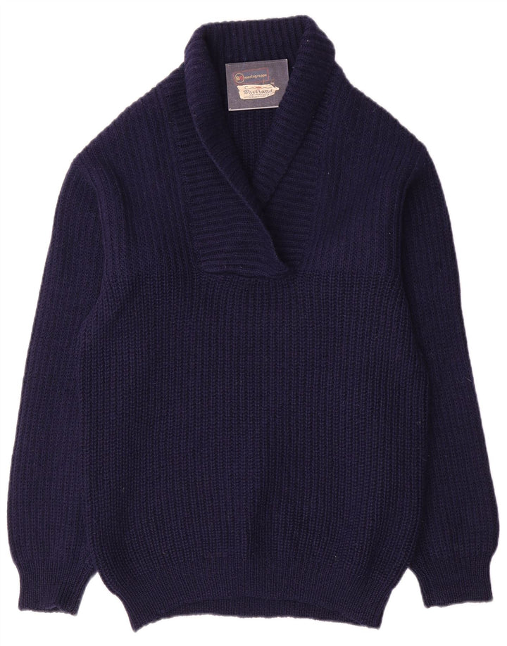 Vintage Dame Shawl Neck Jumper Sweater IT 52 2XL Marineblå Uld