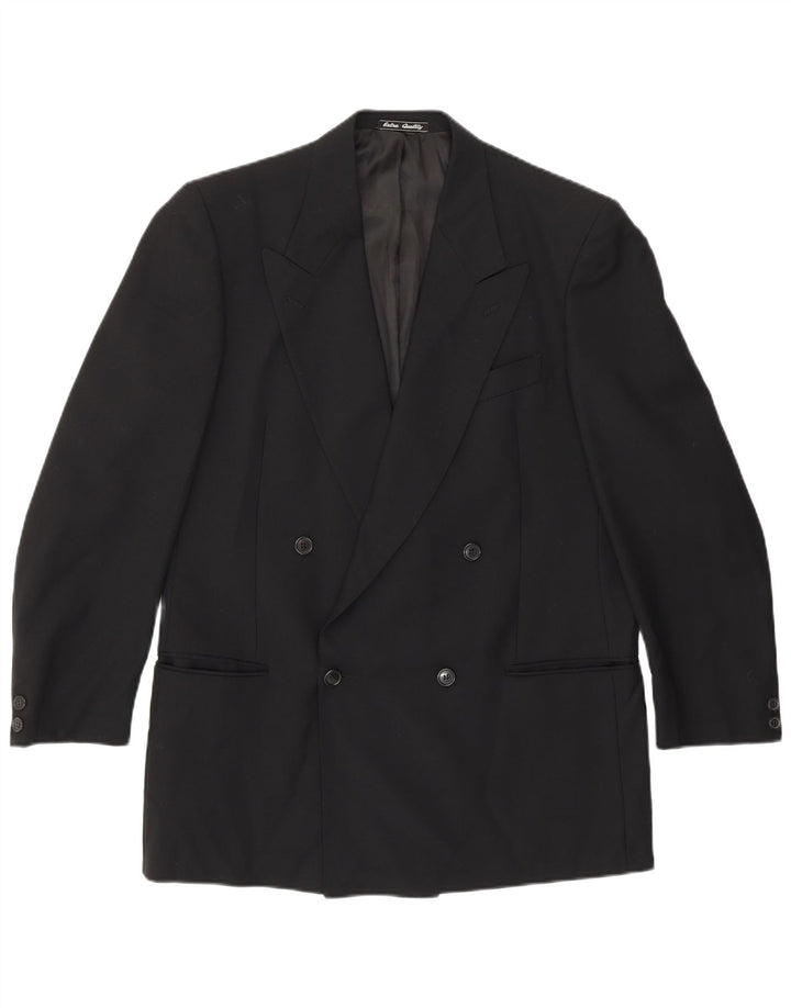 VINTAGE Mens Double Breasted Blazer Jacket IT 50 Large Black Virgin Wool